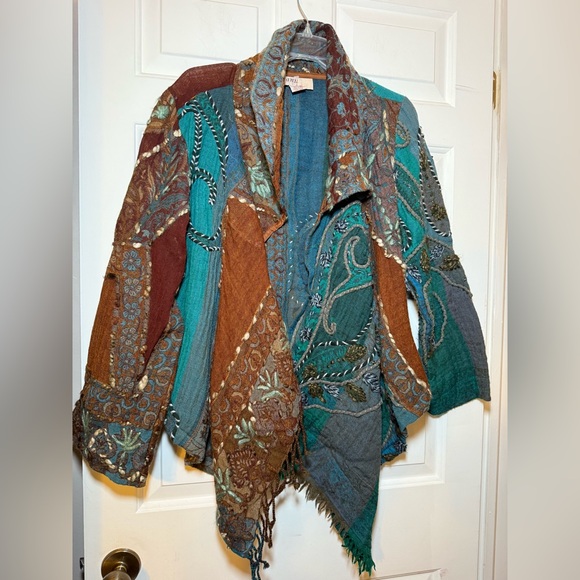 Anu By Natural Vintage Embroidered Boho Patchwork Jacket SMALL Fringe Wool Art - Picture 3 of 14